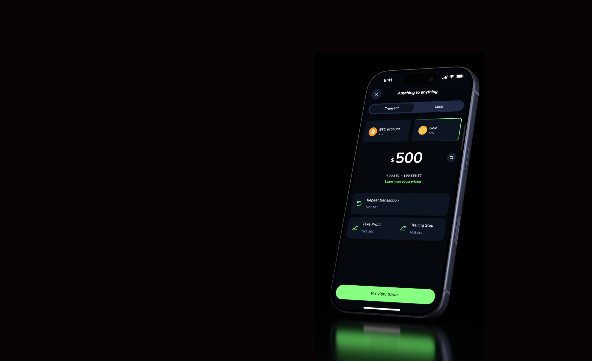 Uphold app showing a transfer from Bitcoin to Gold